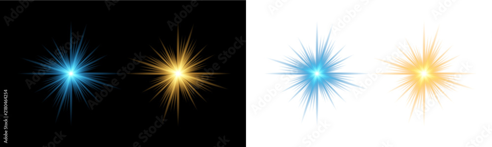Fototapeta premium Set of glowing light star bursts with rays in blue and gold isolated on transparent background