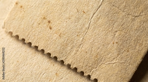 Vintage Railway Ticket Paper Texture with Perforated Edges and Aged Fibers Macro Background