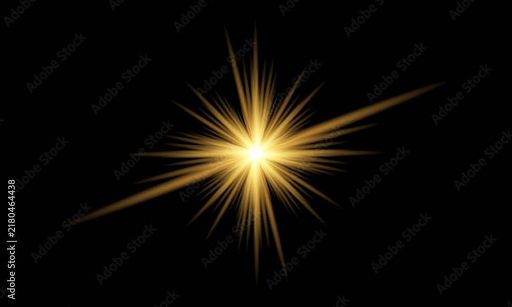 Fototapeta premium Golden starburst light effect with rays isolated on black background