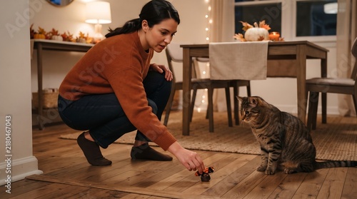 Woman Placing Halloween Candy Near a Cat at Home