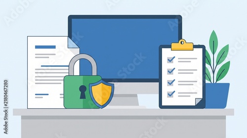 Computer monitor with security padlock shield and checklist document on a desk in office setting with icon checklist clipboard sits desk alongside administration illustration