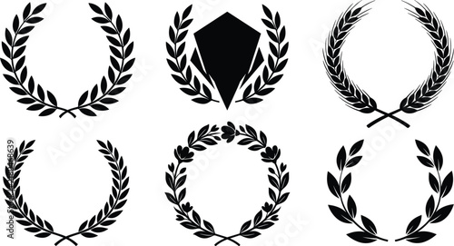Laurel wreath black silhouette vector collection featuring award olive branch wheat and floral frames for graphic design