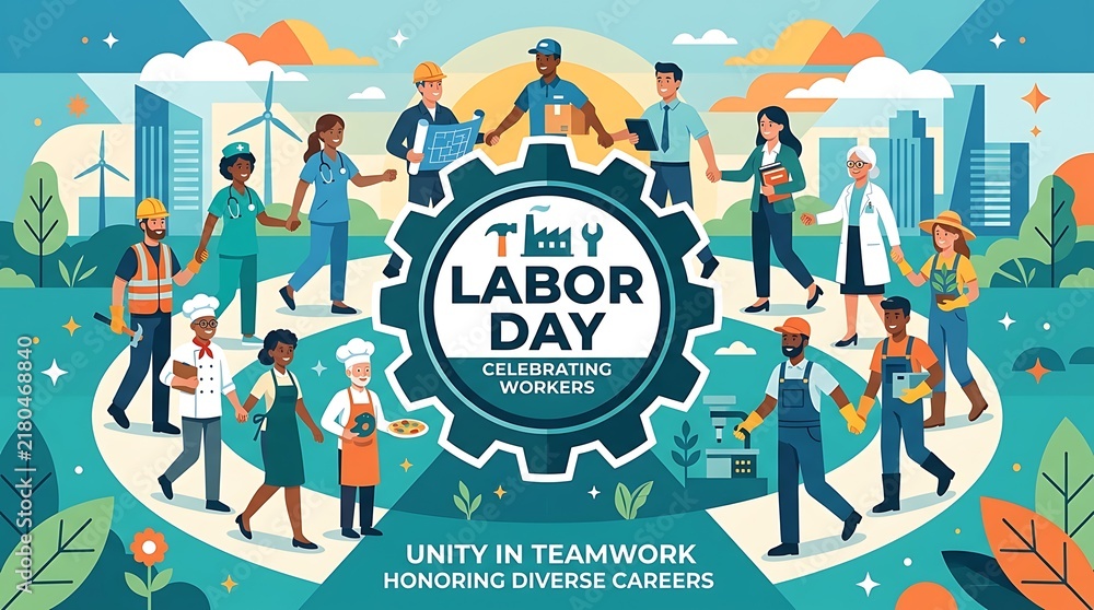 Naklejka premium Diverse workers forming a circle around a gear symbol with Labor Day text, modern flat vector banner celebrating teamwork and the workforce