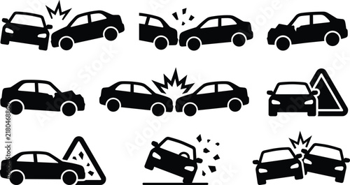 Car accident and road crash silhouette vector set featuring head on collision damaged vehicles and warning signs