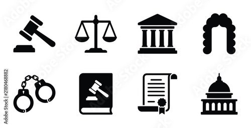 Law Icons Set: Gavel, Scales, Courthouse, Wig, Handcuffs, Book, Scroll, Government Building