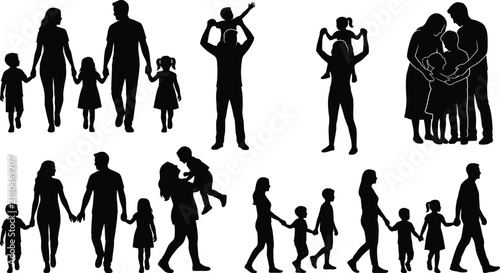 Happy parents and kids silhouettes set depicting motherhood fatherhood hugging and spending quality time together outdoors