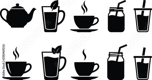 Hot and cold beverage vector icons set featuring coffee cups teapot mint tea jars and smoothie glasses