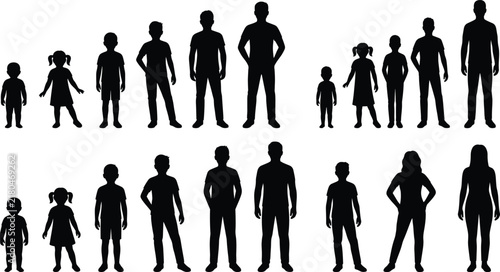 Human aging process vector icons set featuring male and female growth stages from toddler to adult
