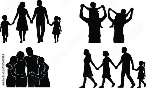 Happy family moments silhouette vector set featuring parents holding hands piggyback ride and group hug icons