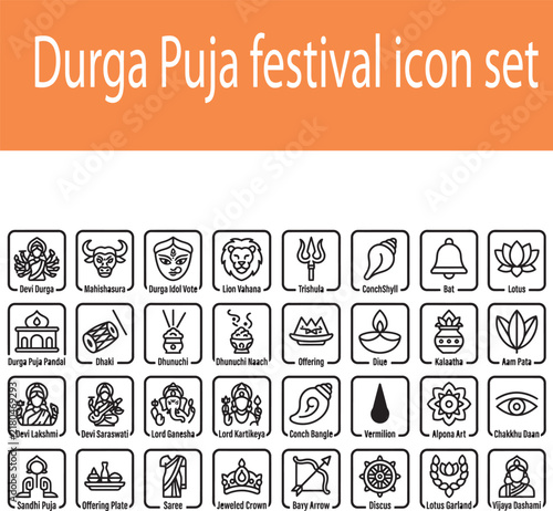 Durga Puja festival icon set vector illustration featuring traditional symbols, goddess elements, and ritual objects in bold outline style
