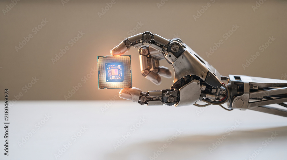 Fototapeta premium Robotic hand holding illuminated computer processor chip with intricate details