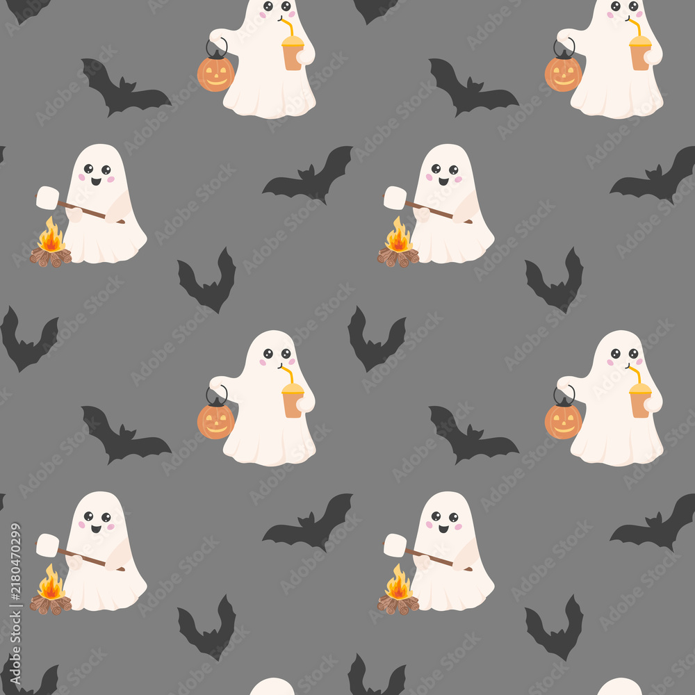 Fototapeta premium Cute seamless pattern for Halloween with ghosts and bats elements on a gray background, hand drawn.