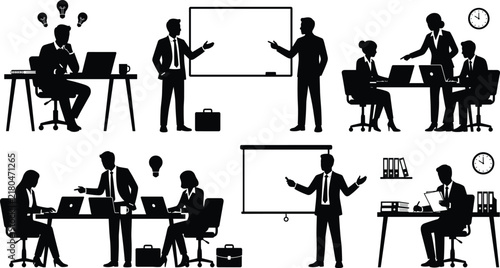 Business meeting and corporate training seminar silhouette set featuring office workers presentation ideas teamwork and project management vector