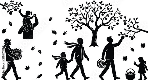  Autumn family apple picking silhouette vector set featuring garden orchard tree baskets of fruit and falling leaves