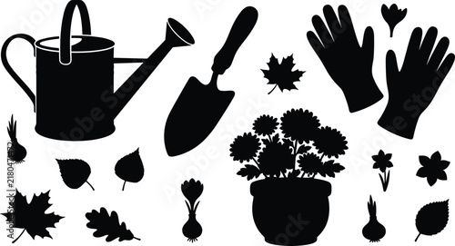 Autumn gardening tools vector icons set featuring watering can trowel gloves potted plant and flower bulbs