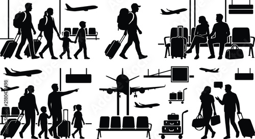 Airport terminal family travel silhouette set featuring passengers with luggage waiting lounge airplane departure and arrivals vector icons