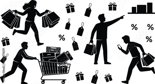 Black Friday shopping sale vector icons set featuring consumer silhouettes shopping bags cart and price tags