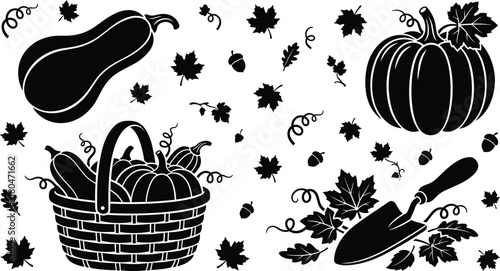 Autumn harvest garden vector icons set featuring pumpkins squash wicker basket trowel and maple leaves silhouettes