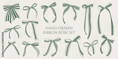 Obraz na płótnie Set of Green Striped Ribbon Bows, hand drawn coquette bowknots, long flowing rib