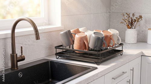 Clean ceramic mugs drying on a black rack beside a modern sink, showcasing minimalist interior design and contemporary domestic living.