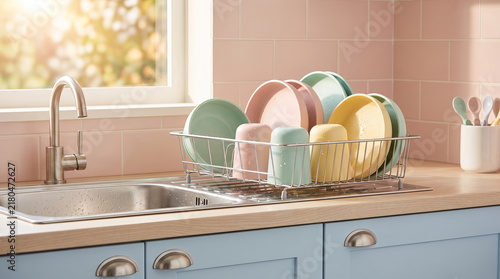 Pastel baby dishes drying on a wire rack next to a kitchenette sink, illustrating hygienic infant care and gentle nursery organization.