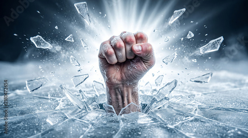 Clenched fist punching through a sheet of thin ice with flying shards, symbolizing resilience, breakthrough, and overcoming cold barriers