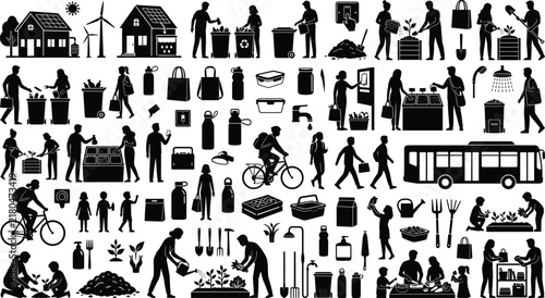 Eco friendly green lifestyle mega silhouette bundle with sustainable living recycling gardening wind energy public transport vector icons