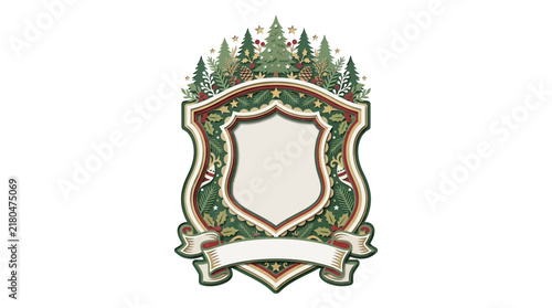 Christmas Shield Emblem with Pine Trees and Festive Ornaments