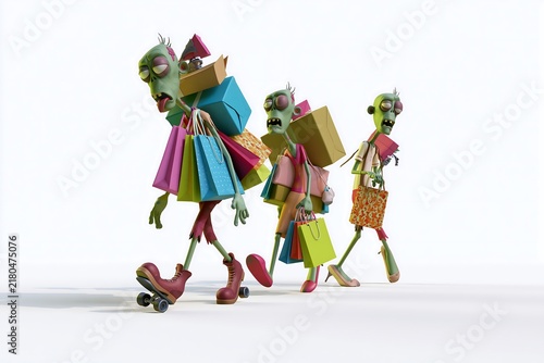 Tired cartoon zombies carry shopping bags and boxes, isolated on white as a humorous Halloween concept for shopping fatigue, overconsumption and seasonal retail campaigns