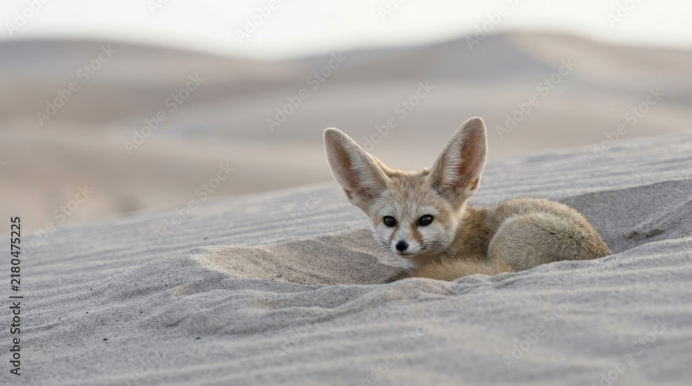 Fototapeta premium Adorable fennec fox with large ears rests in the soft desert sand dunes