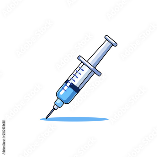 Medical syringe with hypodermic needle and blue vaccine liquid isolated on white background
