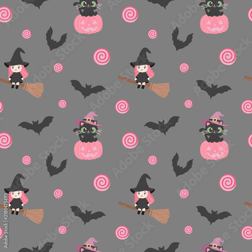 Cuadro en lienzo cute Halloween seamless pattern with a witch on a broom, a black cat on a pumpki