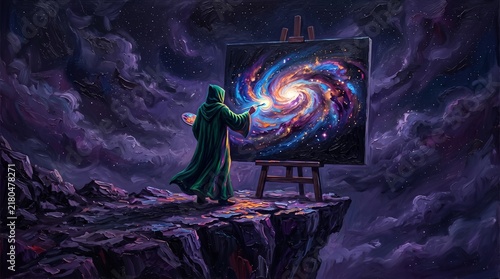 Hooded artist figure painting vibrant spiral galaxy canvas on high rocky cliff depicting surreal creative cosmic art