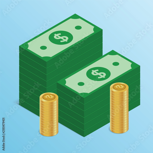 Isometric of stacks of green cash dollar bills and gold coins on a blue background.