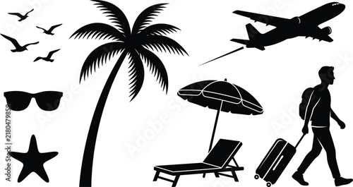 Tropical beach vacation icons bundle featuring flying plane tourist pulling luggage palm tree birds sunglasses and starfish silhouette