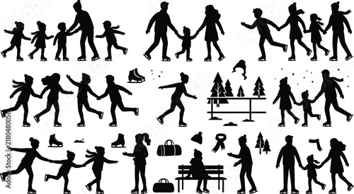 Ice skating family silhouettes set with parents and children ice-skating in winter park vector icons on white background
