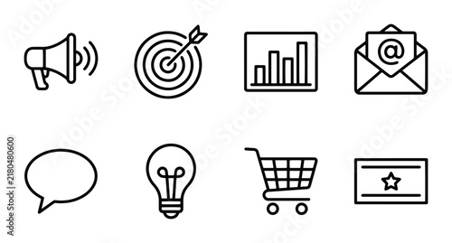 Marketing and Business Icons Set: Megaphone, Target, Chart, Email, Chat, Idea, Cart, Flag
