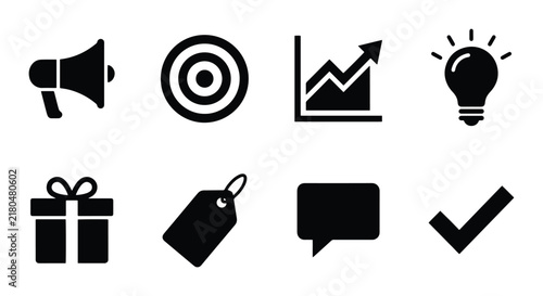 Marketing Icons Set: Megaphone, Target, Growth Chart, Idea Bulb, Gift, Tag, Chat, Checkmark