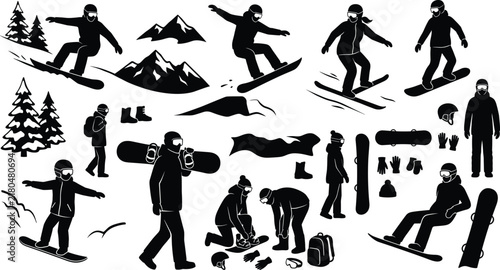 Winter snowboarding family silhouette collection featuring snowboarders jumping on snowy mountain slopes with pine trees and gear vector