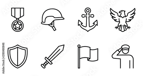 Military Icons Set: Soldier, Helmet, Anchor, Eagle, Sword, Shield, Flag, Medal