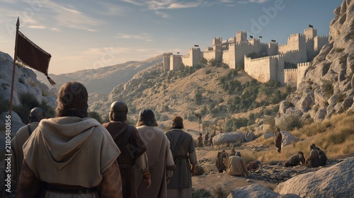 A wide daylight scene of israelite warriors pausing before fortified canaanite cities as they withdraw toward the hills, showing hesitation and incomplete conquest under clear daylight.