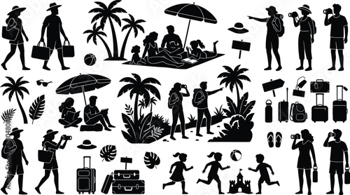 Summer beach vacation and tropical travel silhouette icons set with family tourist picnic luggage palm trees vector elements collection