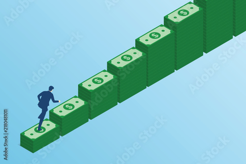 Businessman running up money stairs towards financial growth and success 