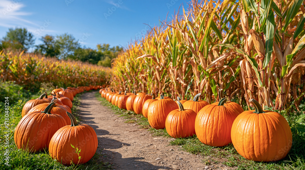 Obraz premium Winding dirt path leading through a tall autumn corn maze beside a pumpkin patch, bright orange pumpkins scattered naturally along the edges of the pathway, golden corn stalks glowing in sunlight, b