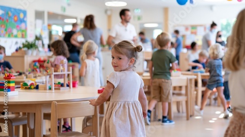 Little girl in a bright busy kindergarten classroom with children playing and adults in the background, modern early childhood education concept