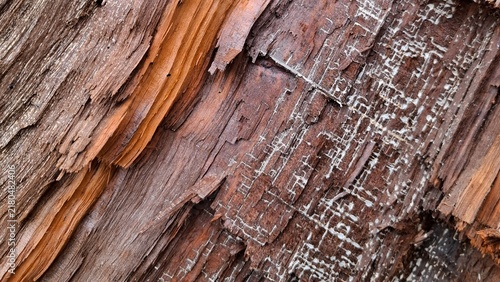 Close-up of decaying redwood bark texture with detailed insect trails and natural wood grain cracks