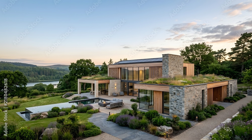 Obraz premium Contemporary stone and timber house with a green living roof, featuring a swimming pool and landscaped garden at sunset near a lake
