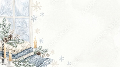 Cozy Winter Scene with Knitted Blankets, Candles, and Snowflakes