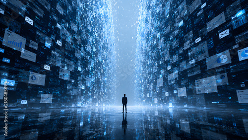 Premium conceptual illustration representing data and information overload, featuring a person standing beneath an enormous cascade of falling digital data, documents, numbers, charts, notifications, 