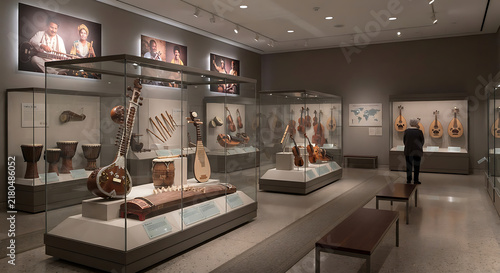 A display of international instruments in a quiet museum gallery.